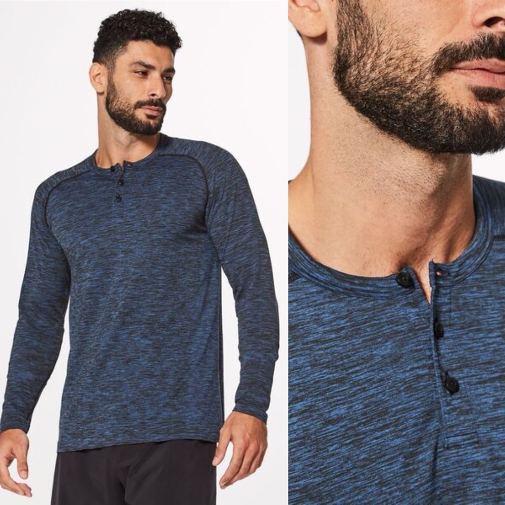 Lululemon Metal Vent Tech Blue Black Long Sleeve Henley T-Shirt Mens‎ Size XXL